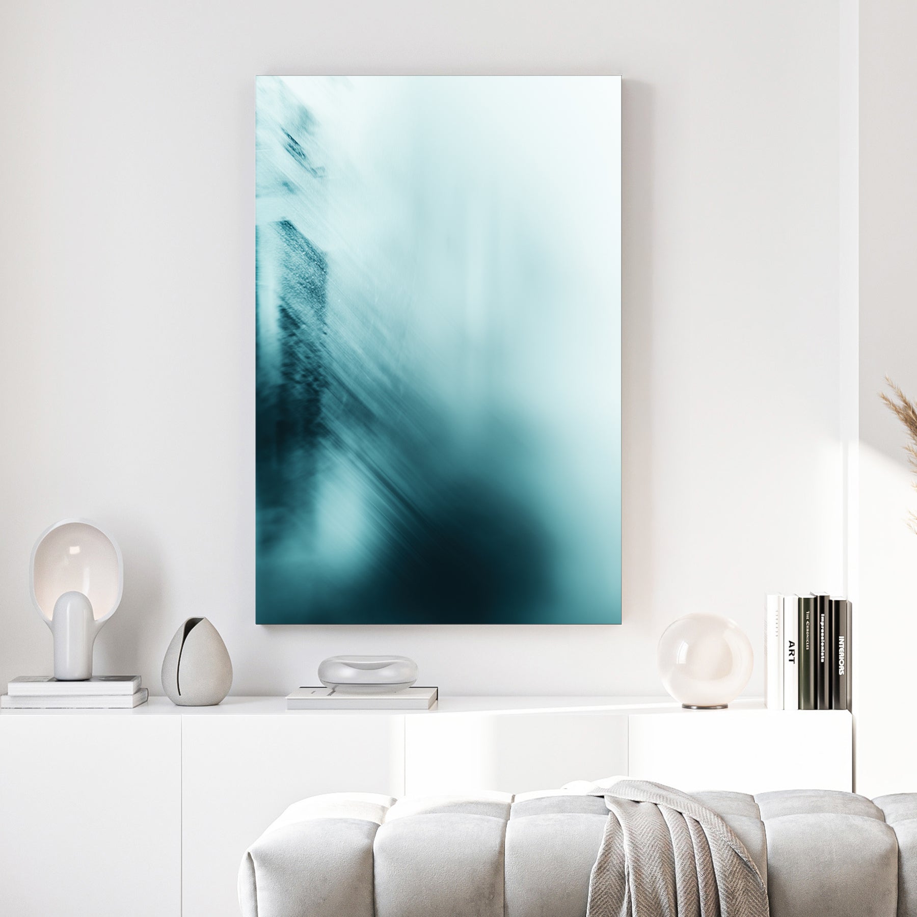 Minimalist architectural landscape with blue and teal abstract lines wall art print