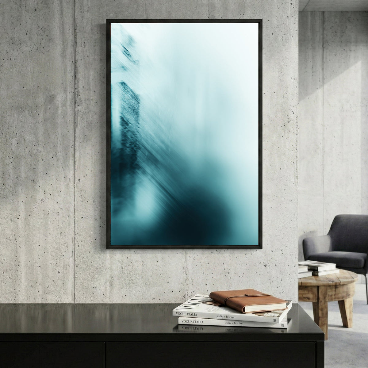 Minimalist architectural landscape with blue and teal abstract lines wall art print