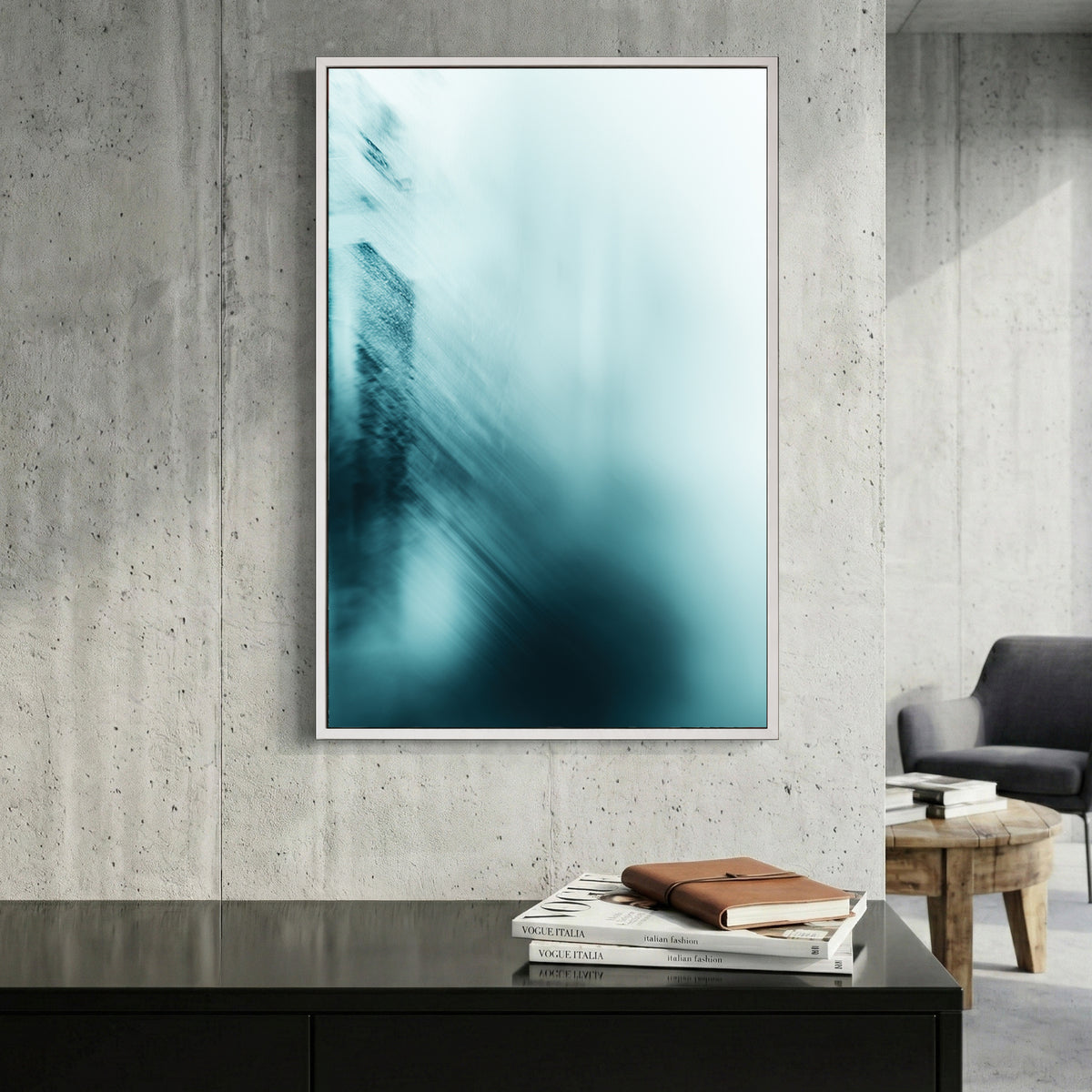 Minimalist architectural landscape with blue and teal abstract lines wall art print
