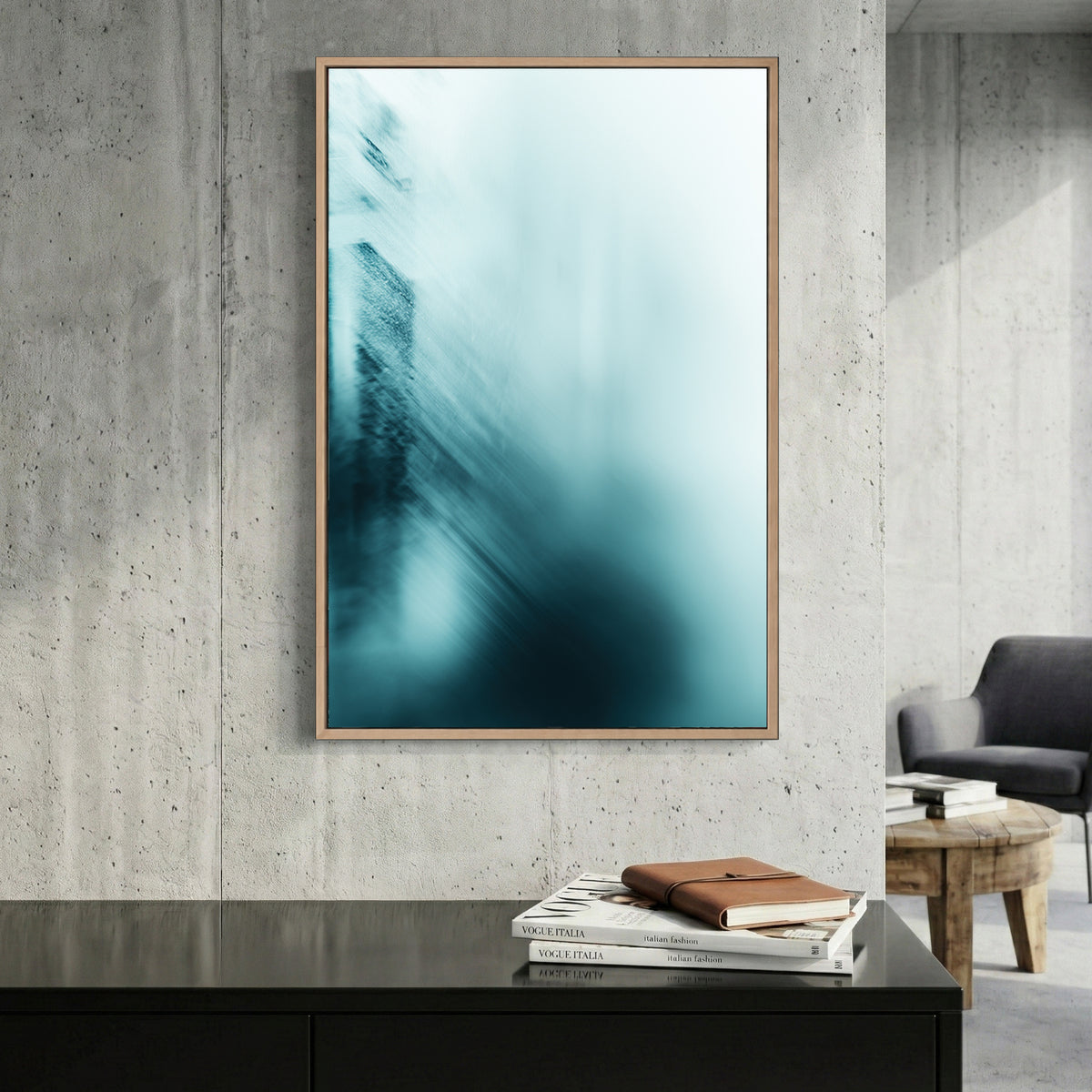 Minimalist architectural landscape with blue and teal abstract lines wall art print
