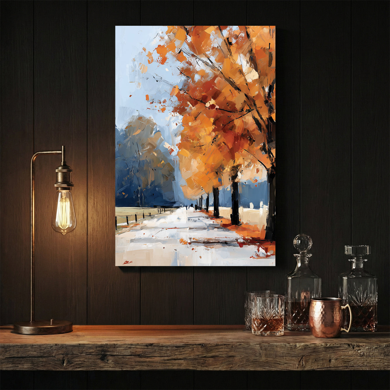 Autumn landscape with orange trees oil painting scenic wall art print