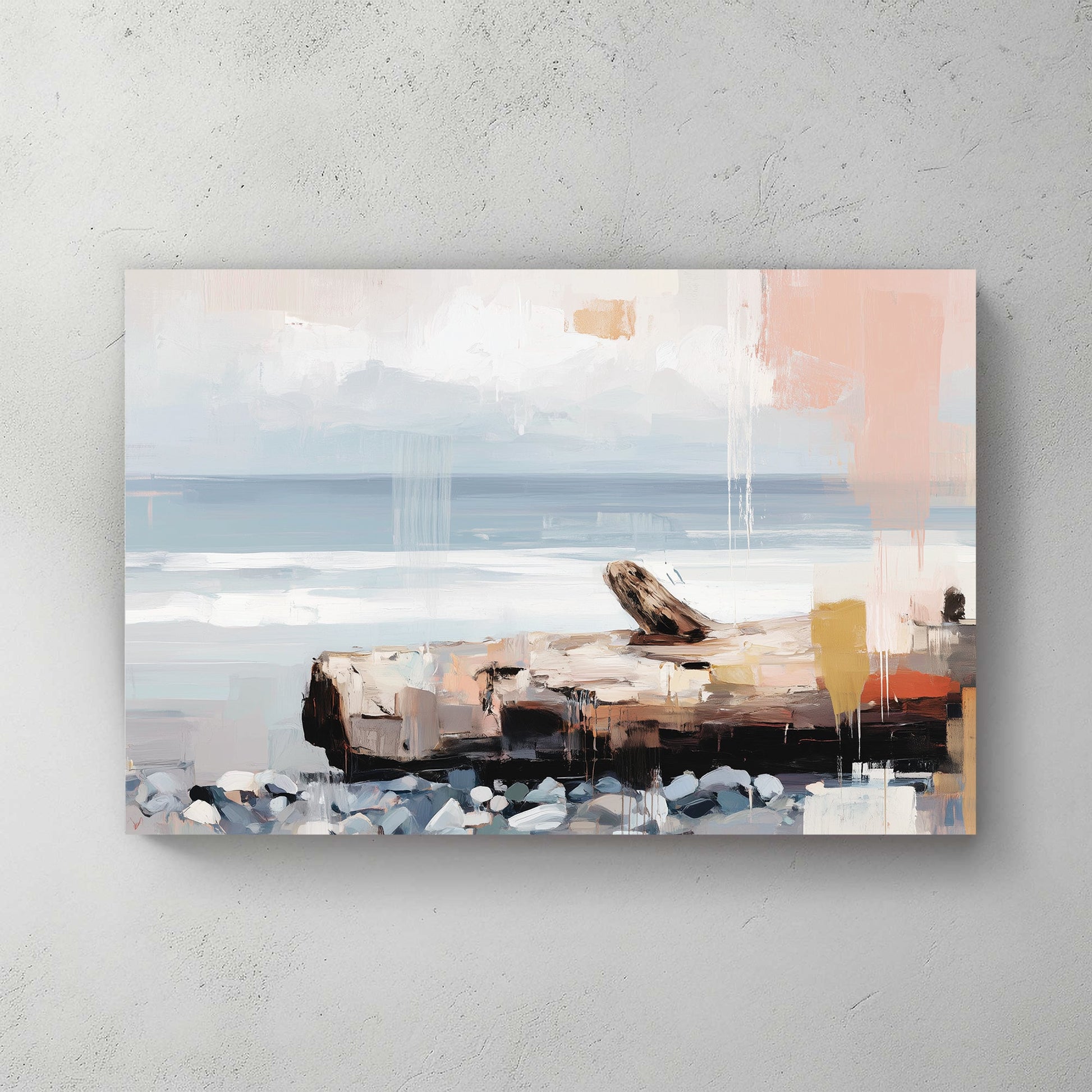 Coastal landscape minimalist watercolour with soft blue and beige tones wall art print