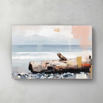 Coastal landscape minimalist watercolour with soft blue and beige tones wall art print