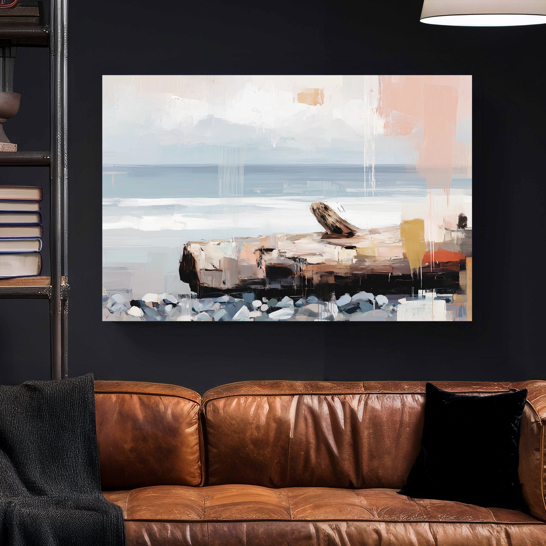 Coastal landscape minimalist watercolour with soft blue and beige tones wall art print