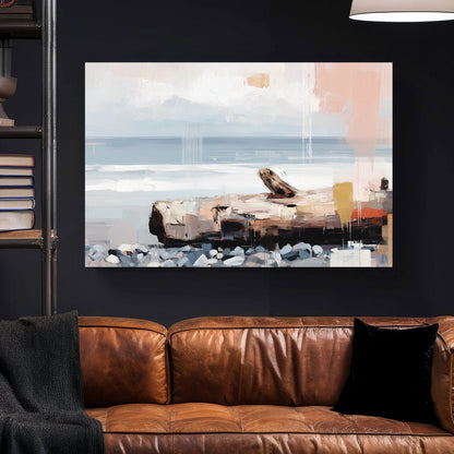 Coastal landscape minimalist watercolour with soft blue and beige tones wall art print