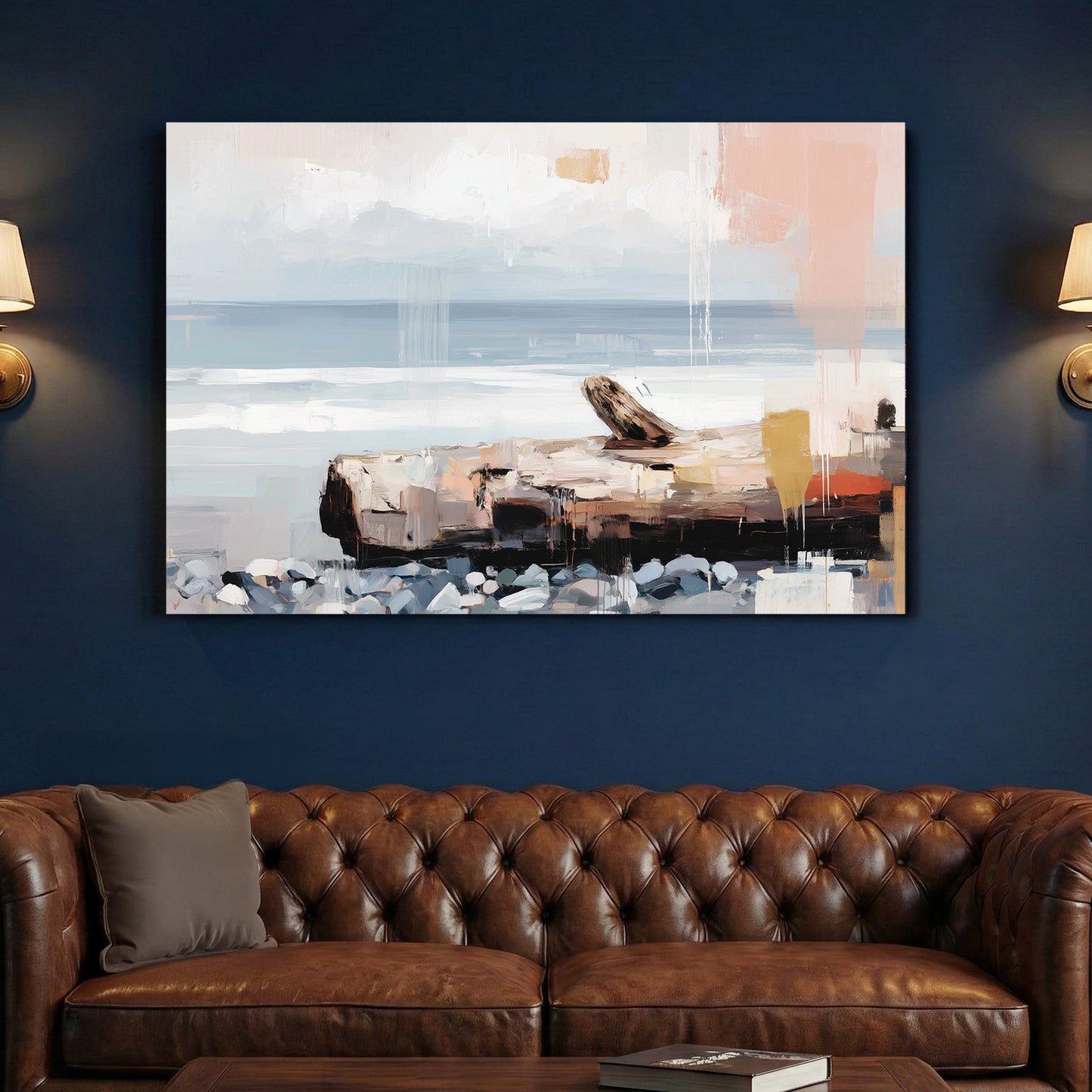 Coastal landscape minimalist watercolour with soft blue and beige tones wall art print