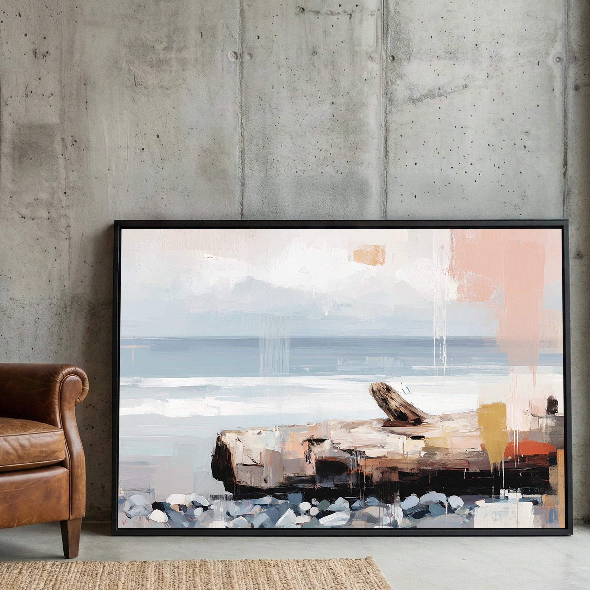 Coastal landscape minimalist watercolour with soft blue and beige tones wall art print