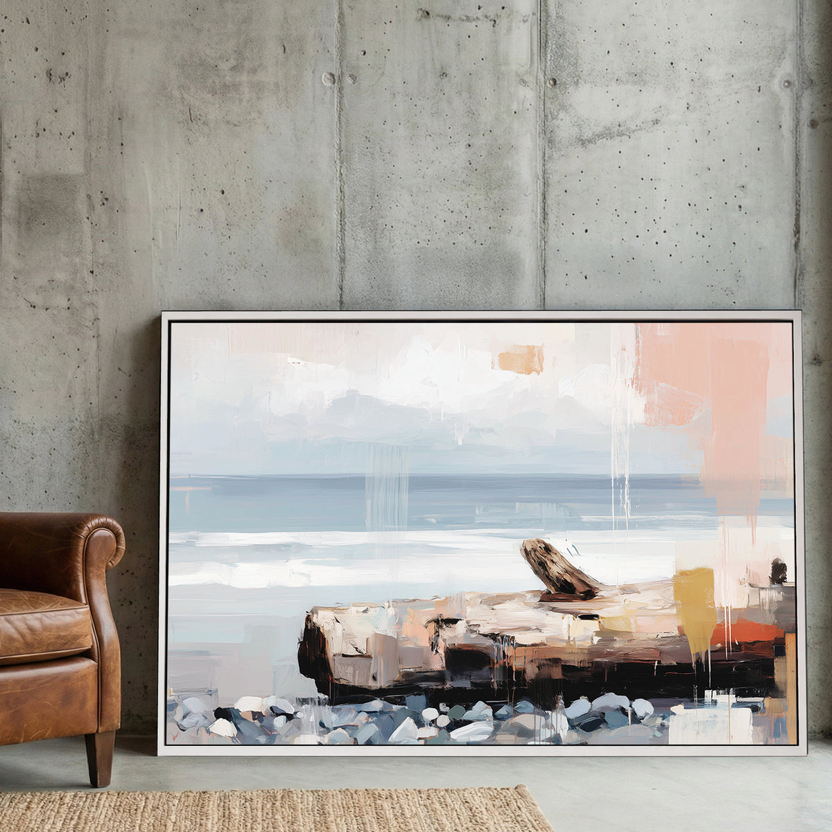 Coastal landscape minimalist watercolour with soft blue and beige tones wall art print