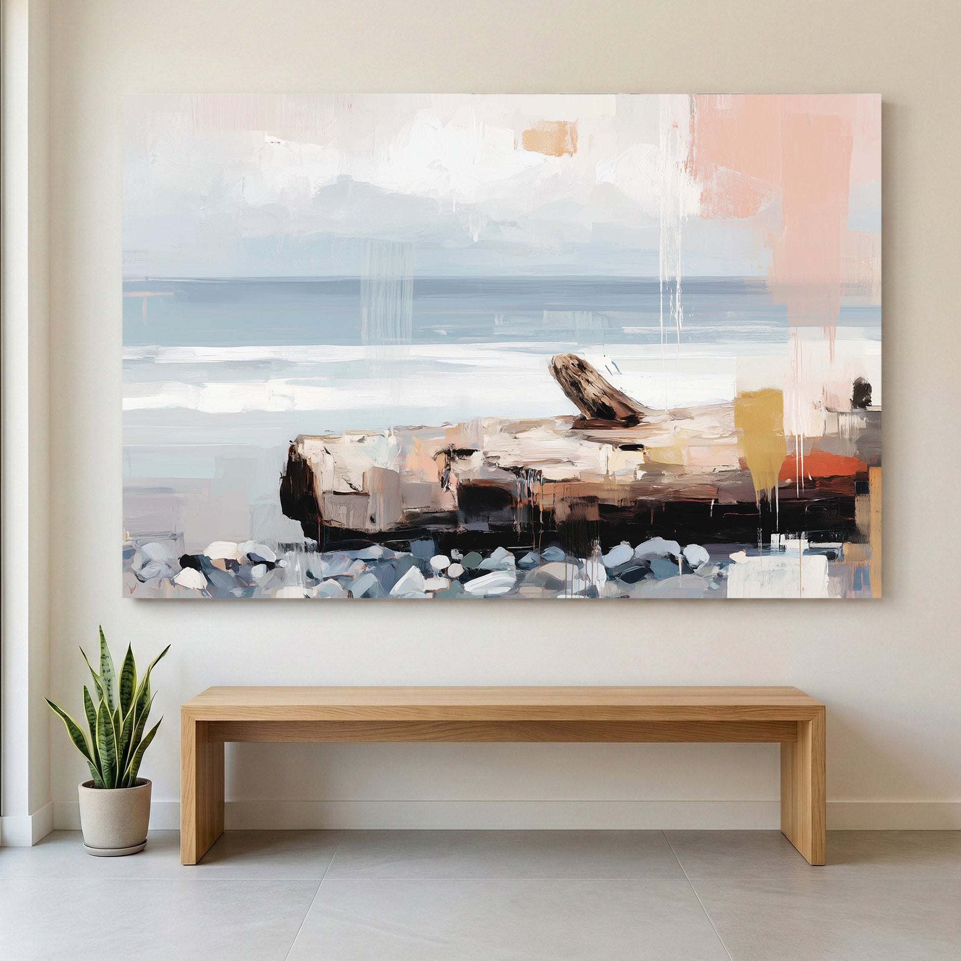 Coastal landscape minimalist watercolour with soft blue and beige tones wall art print