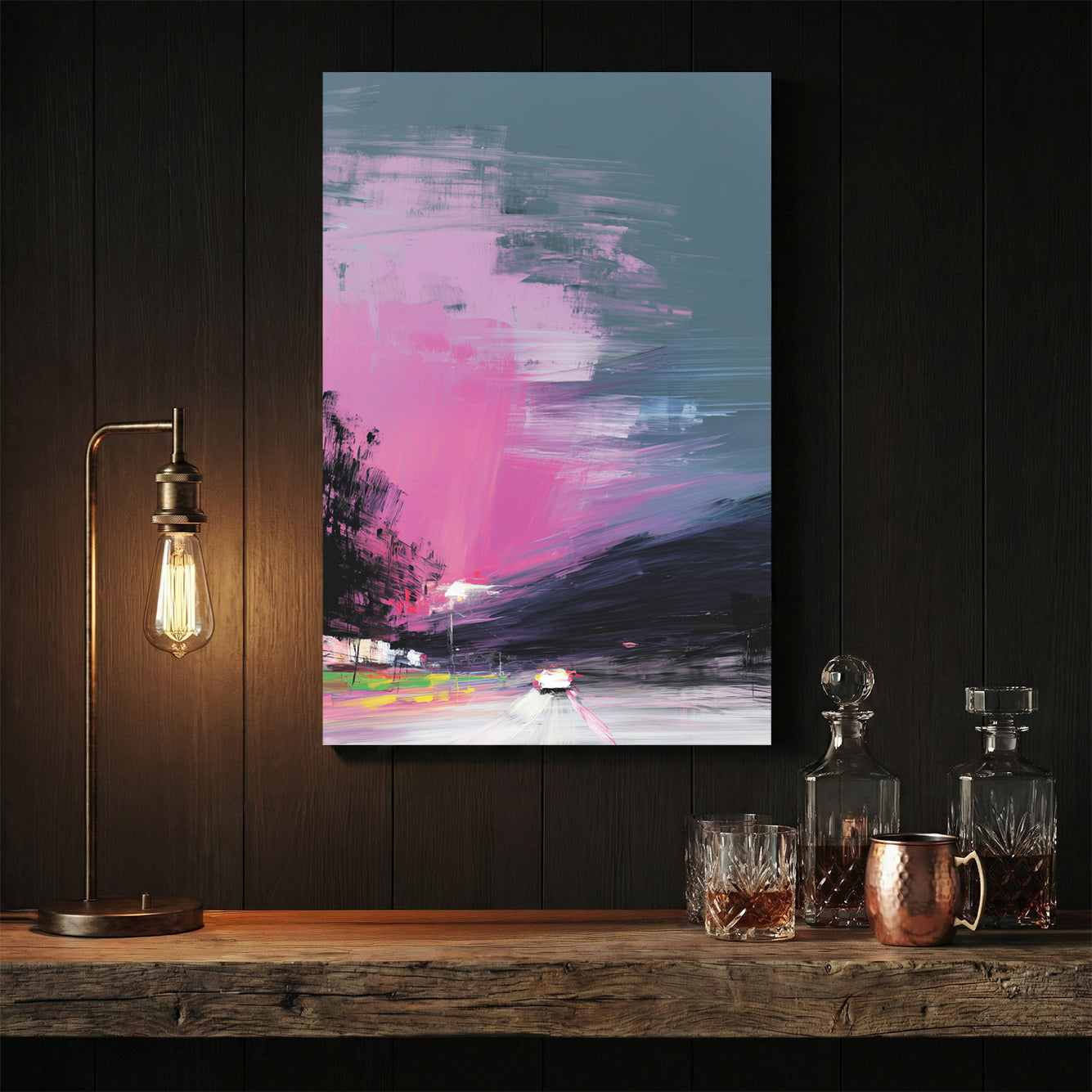 Neon landscape digital glitch pop art with pink and teal retro colours wall art print