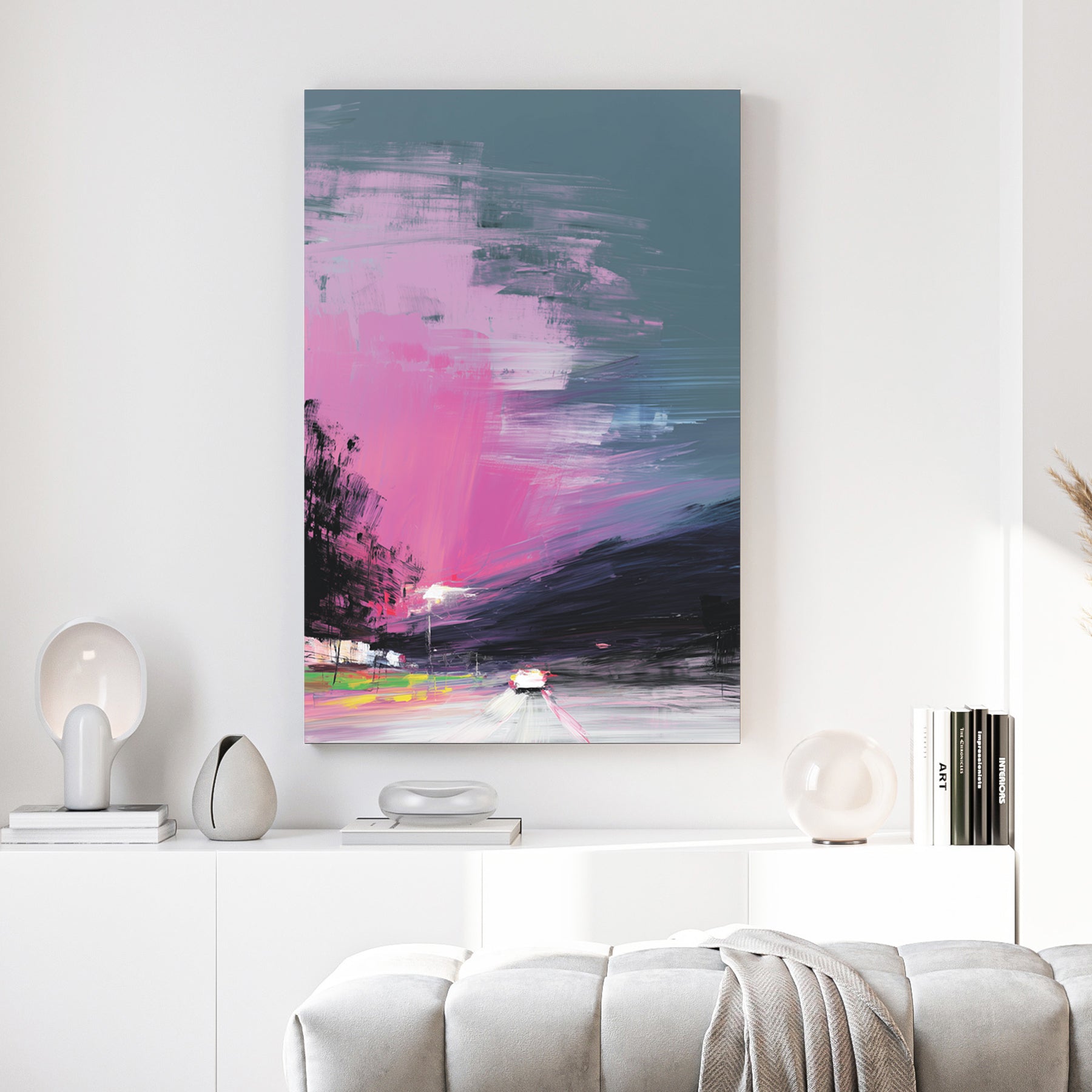 Neon landscape digital glitch pop art with pink and teal retro colours wall art print