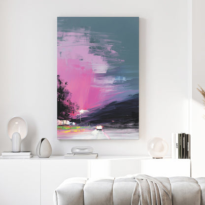 Neon landscape digital glitch pop art with pink and teal retro colours wall art print