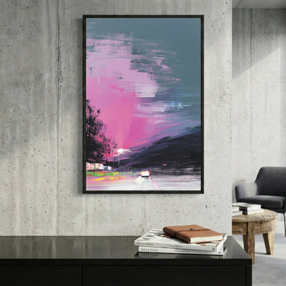 Neon landscape digital glitch pop art with pink and teal retro colours wall art print