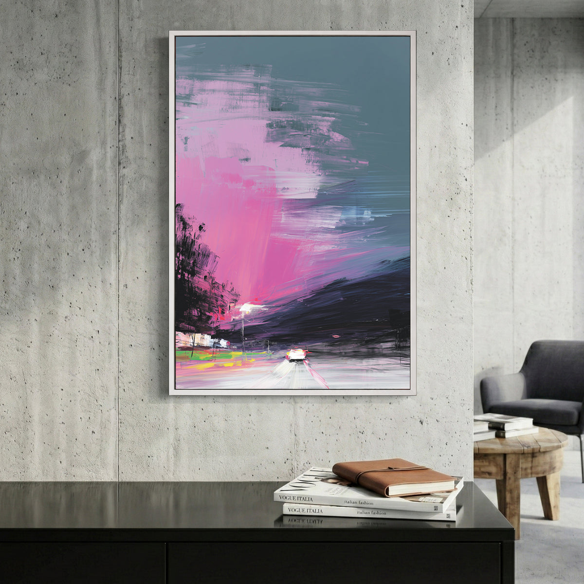 Neon landscape digital glitch pop art with pink and teal retro colours wall art print