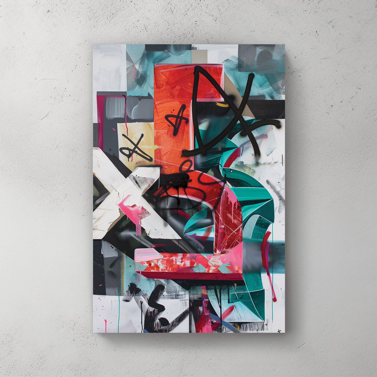 Mixed media collage with geometric blocks and black marks urban bold wall art print
