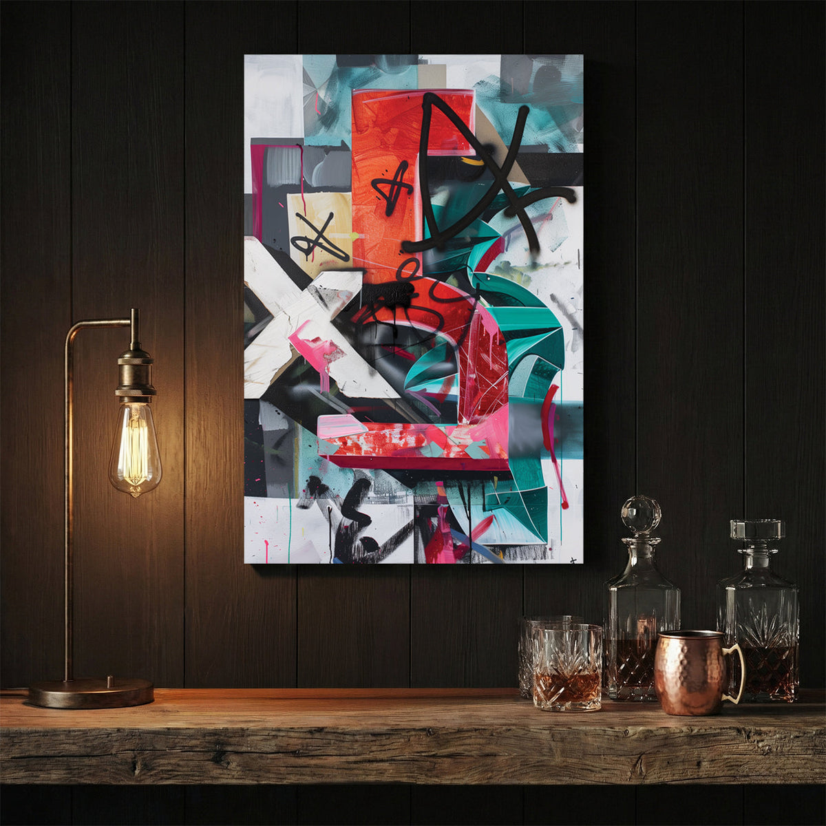 Mixed media collage with geometric blocks and black marks urban bold wall art print