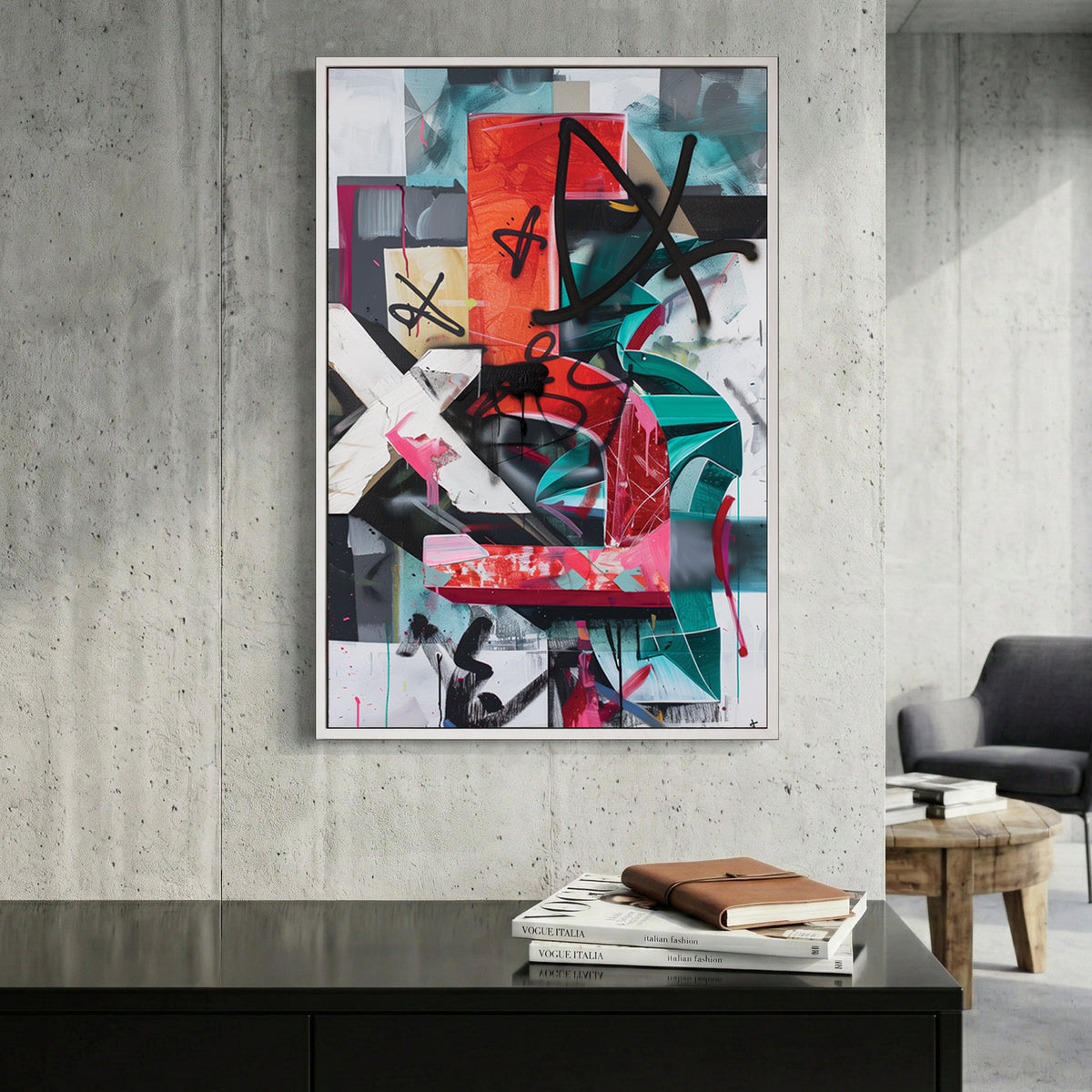 Mixed media collage with geometric blocks and black marks urban bold wall art print