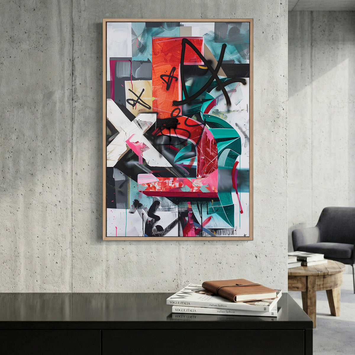 Mixed media collage with geometric blocks and black marks urban bold wall art print