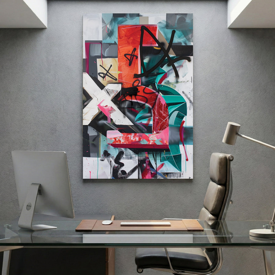 Mixed media collage with geometric blocks and black marks urban bold wall art print