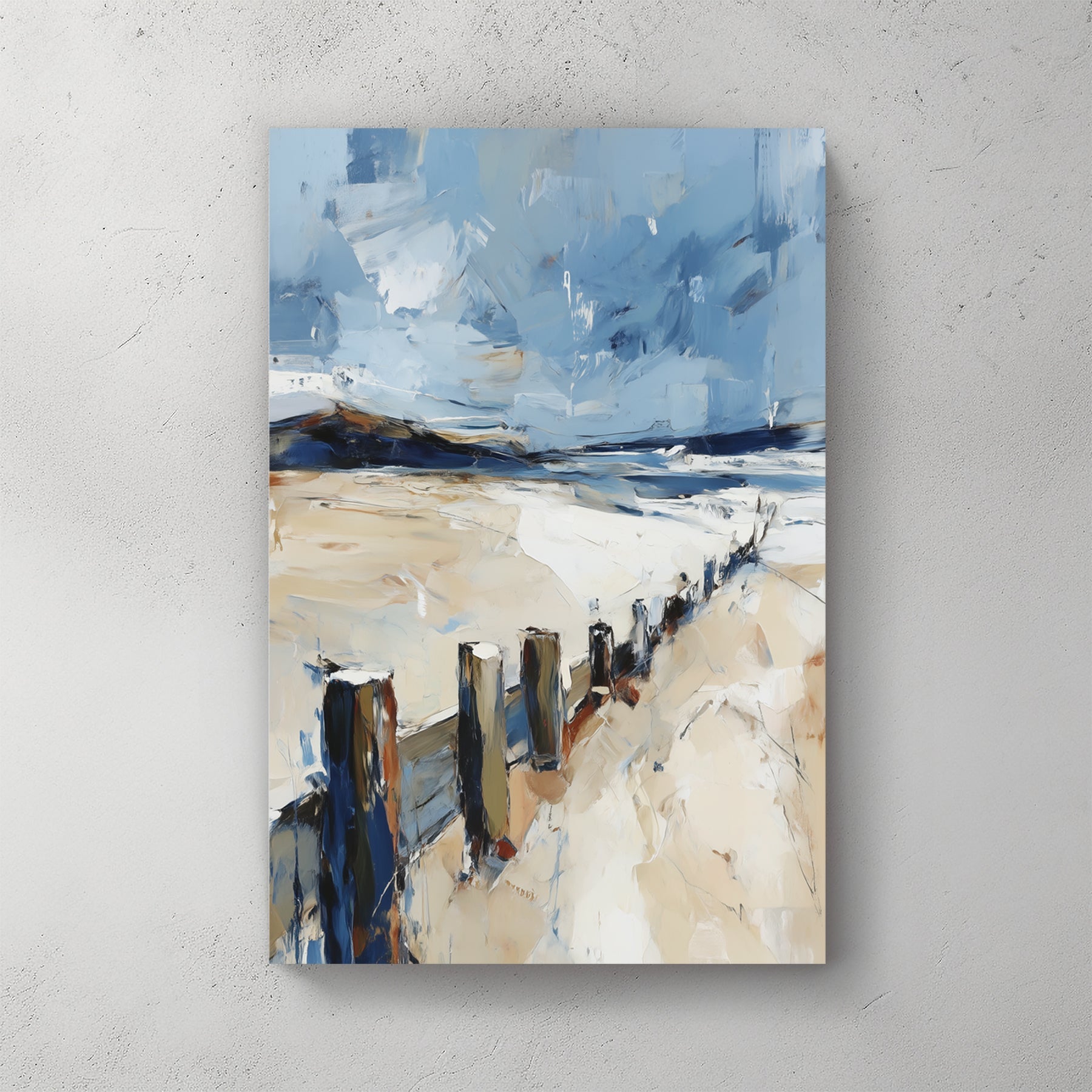 Coastal seascape watercolour with pier and birds soft blues and greys wall art print