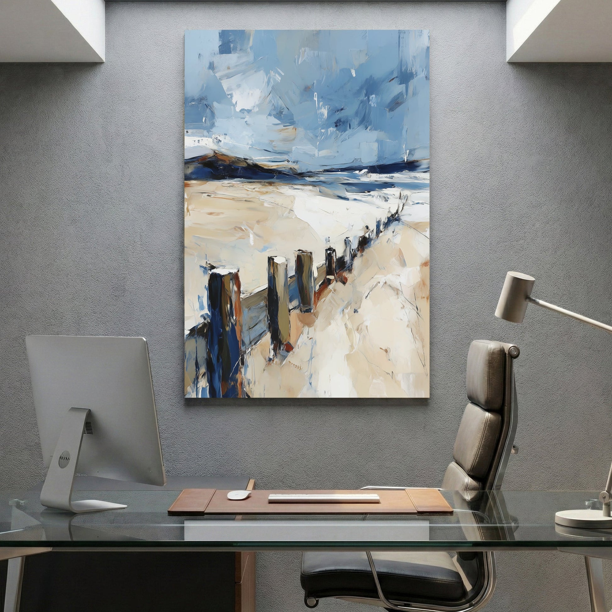 Coastal seascape watercolour with pier and birds soft blues and greys wall art print