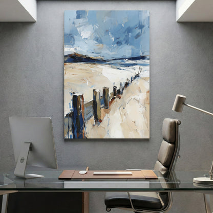 Coastal seascape watercolour with pier and birds soft blues and greys wall art print