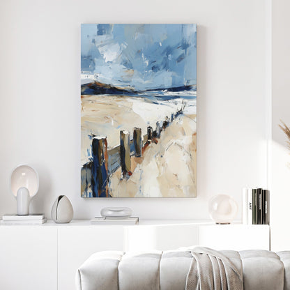 Coastal seascape watercolour with pier and birds soft blues and greys wall art print