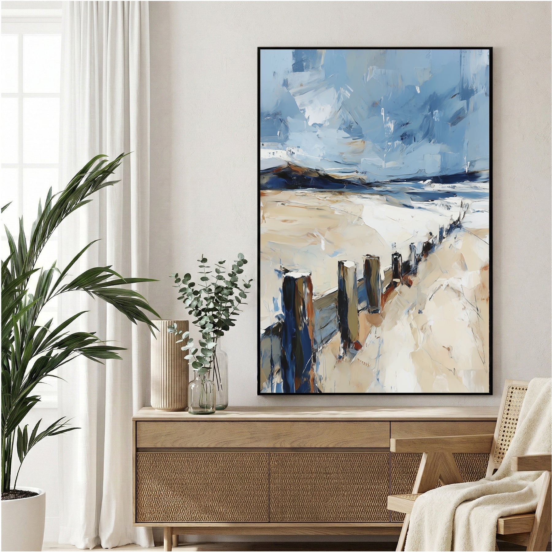 Coastal seascape watercolour with pier and birds soft blues and greys wall art print