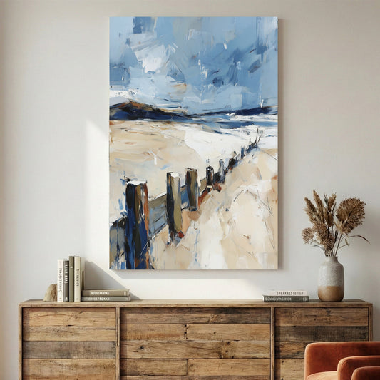 Coastal seascape watercolour with pier and birds soft blues and greys wall art print