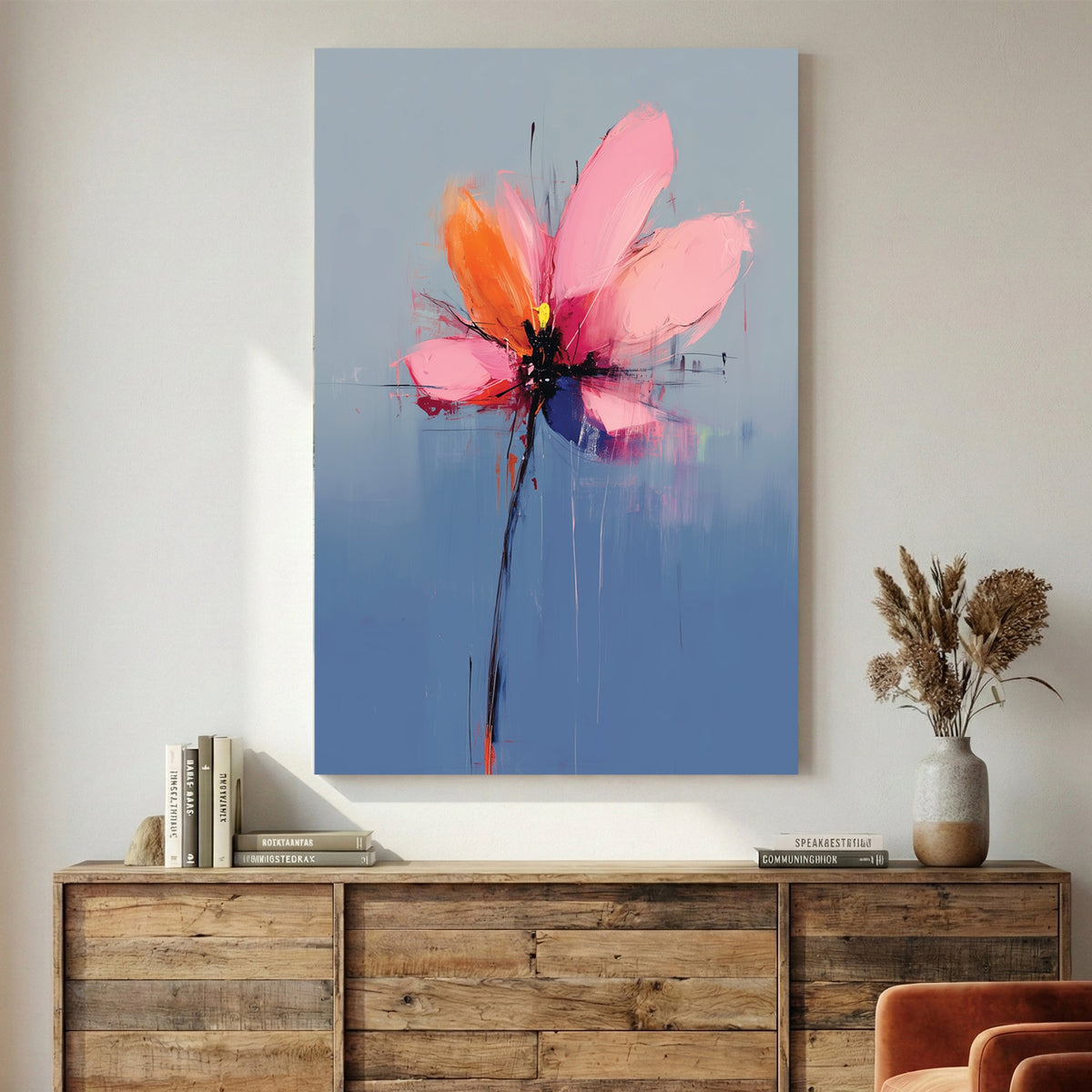 Floral watercolour with vibrant pink and orange petals pop art wall art print