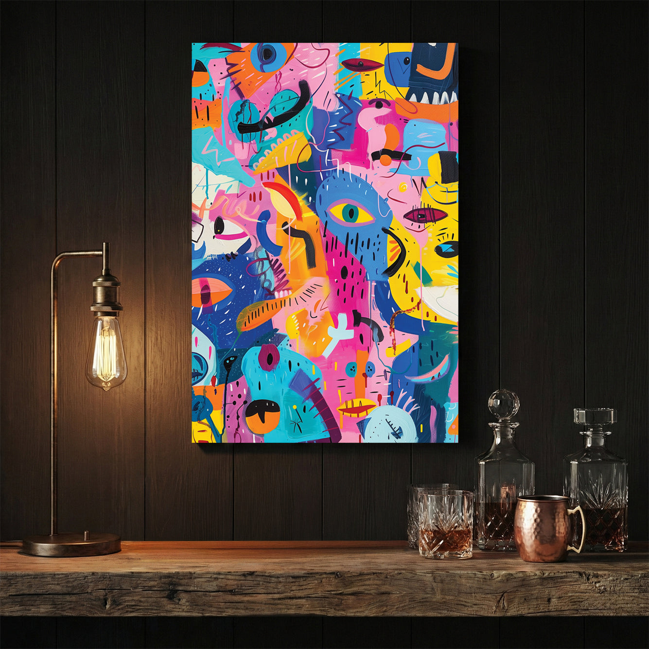 Abstract creatures pop art wall print with vibrant colours and playful design