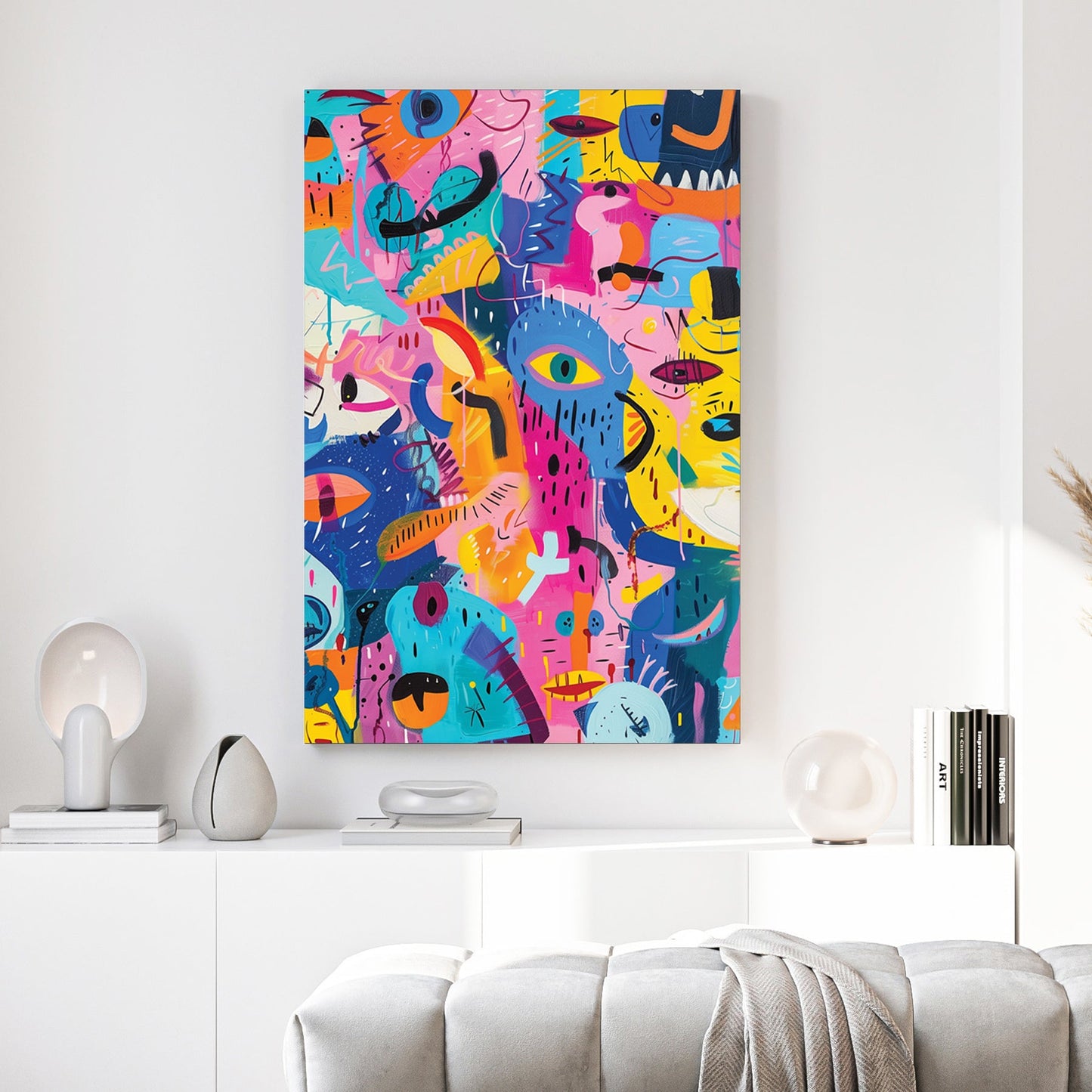 Abstract creatures pop art wall print with vibrant colours and playful design