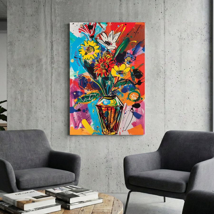 Sunflower daisy pop art wall print with bold colours and splashed background
