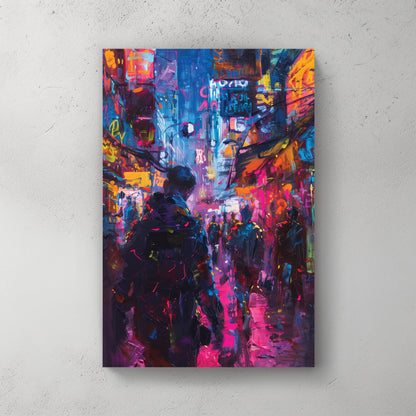 Urban street scene contemporary wall art print with neon colours and city energy