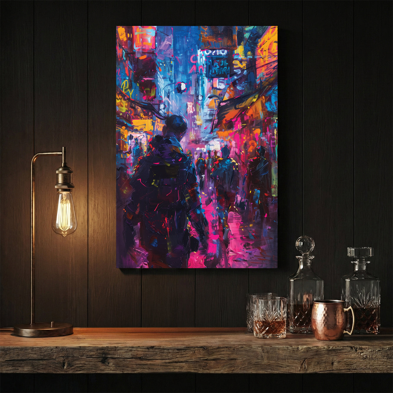 Urban street scene contemporary wall art print with neon colours and city energy