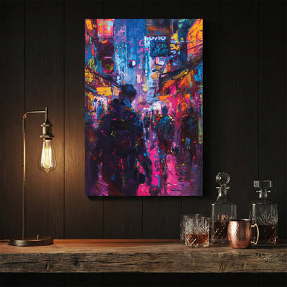 Urban street scene contemporary wall art print with neon colours and city energy