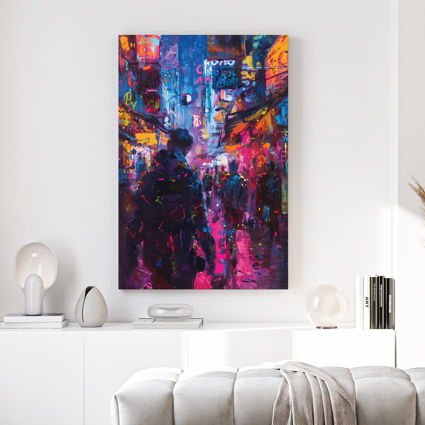 Urban street scene contemporary wall art print with neon colours and city energy