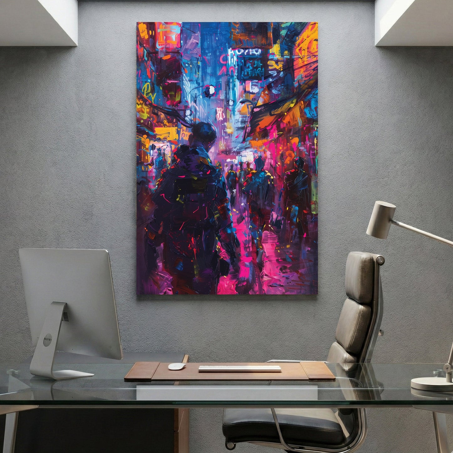 Urban street scene contemporary wall art print with neon colours and city energy