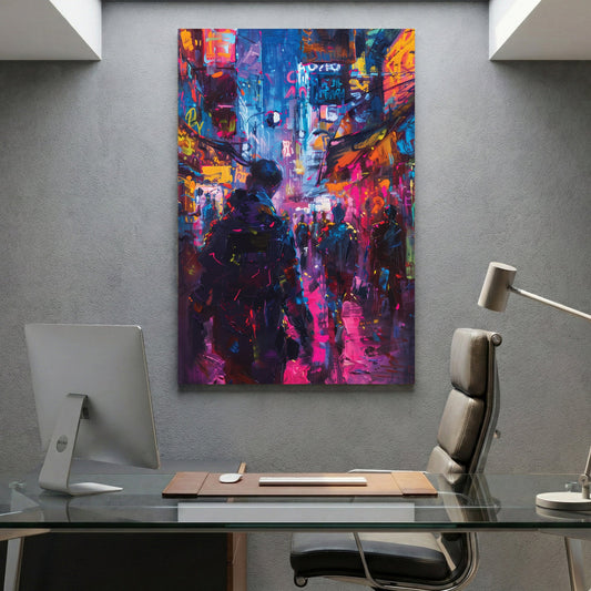 Urban street scene contemporary wall art print with neon colours and city energy