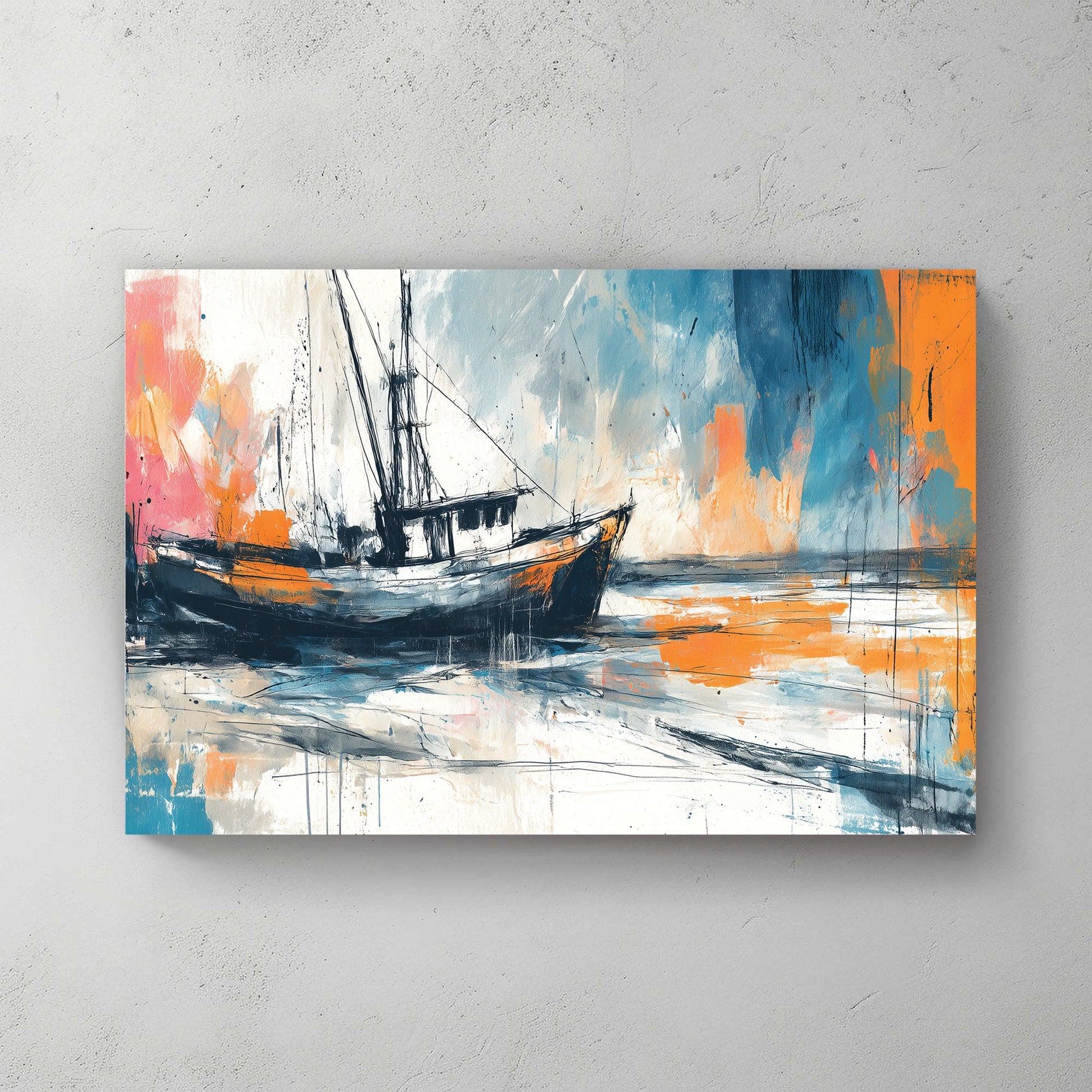 Fishing boat watercolour wall art print with soft coastal colours