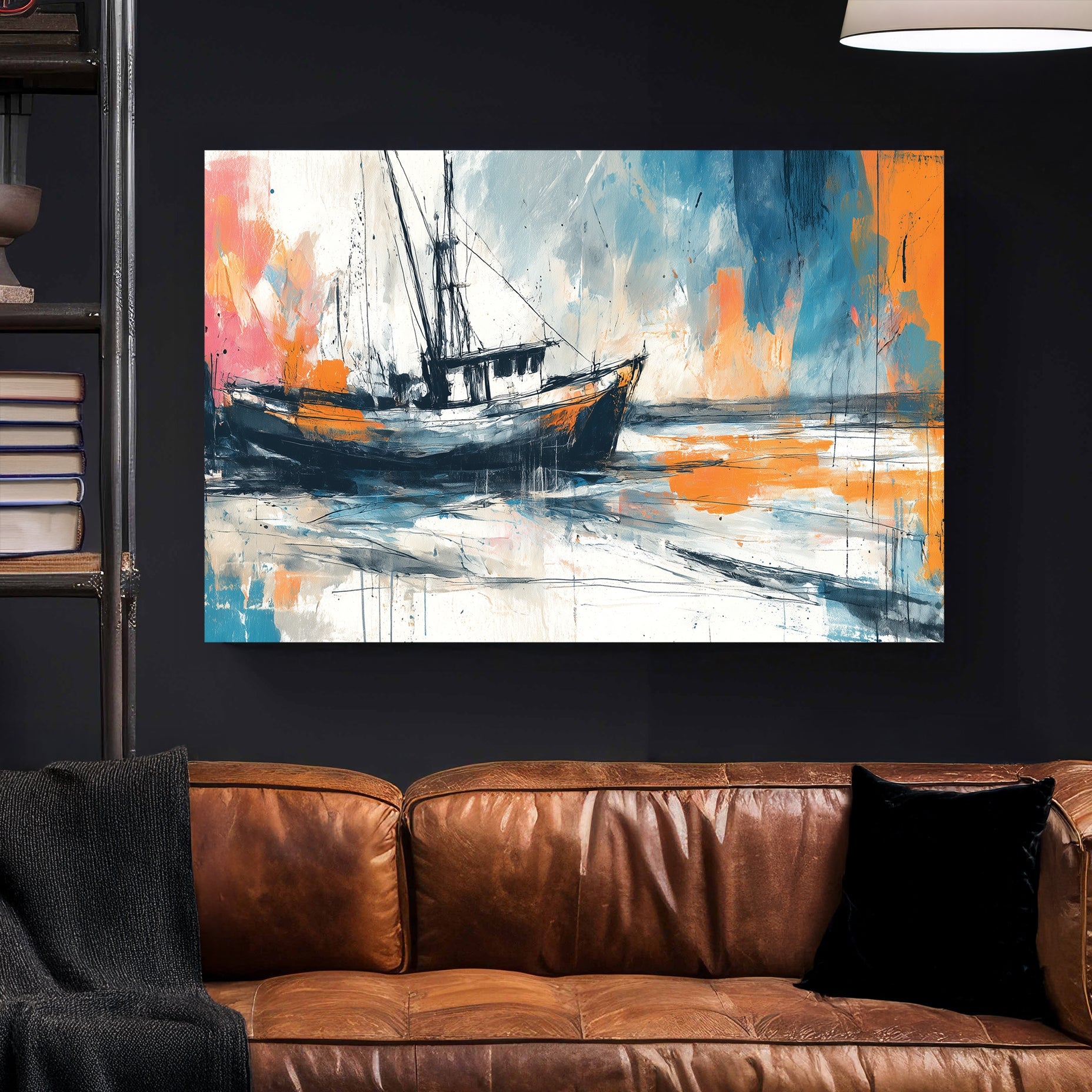Fishing boat watercolour wall art print with soft coastal colours