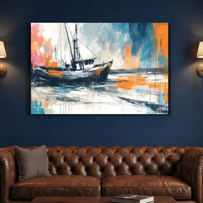 Fishing boat watercolour wall art print with soft coastal colours