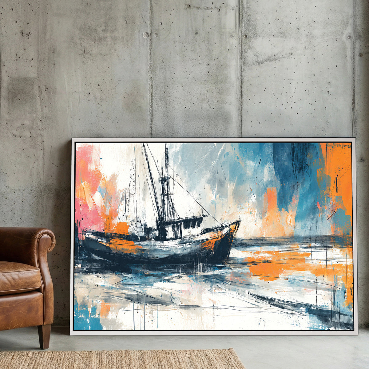 Fishing boat watercolour wall art print with soft coastal colours