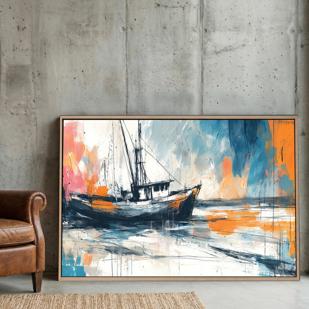 Fishing boat watercolour wall art print with soft coastal colours