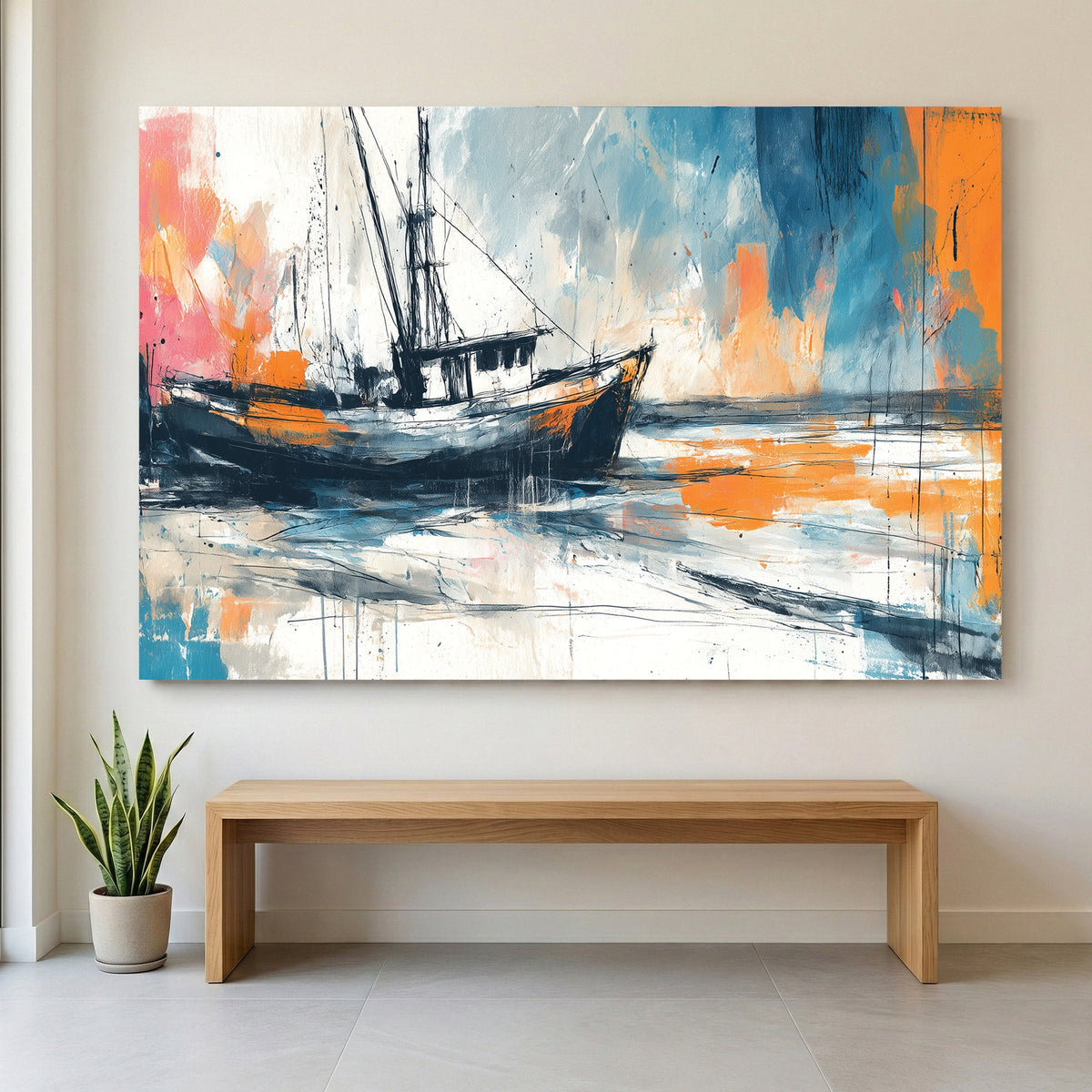 Fishing boat watercolour wall art print with soft coastal colours