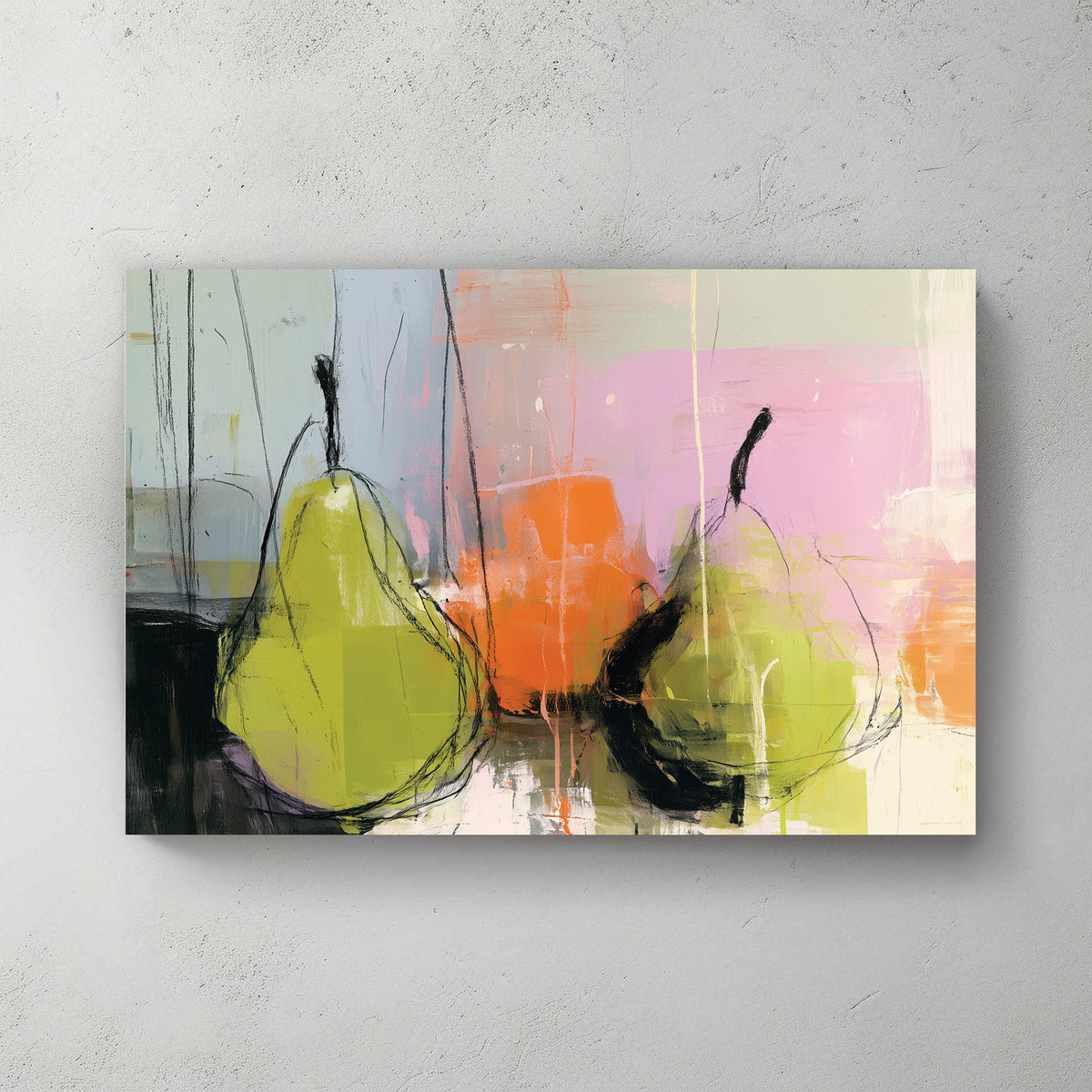 Abstract pears watercolour wall art with playful colours and line work