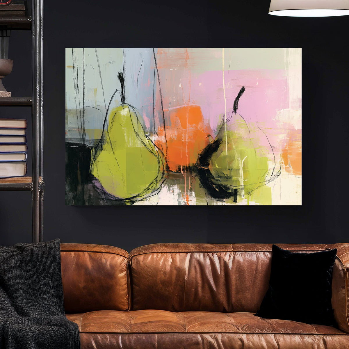 Abstract pears watercolour wall art with playful colours and line work