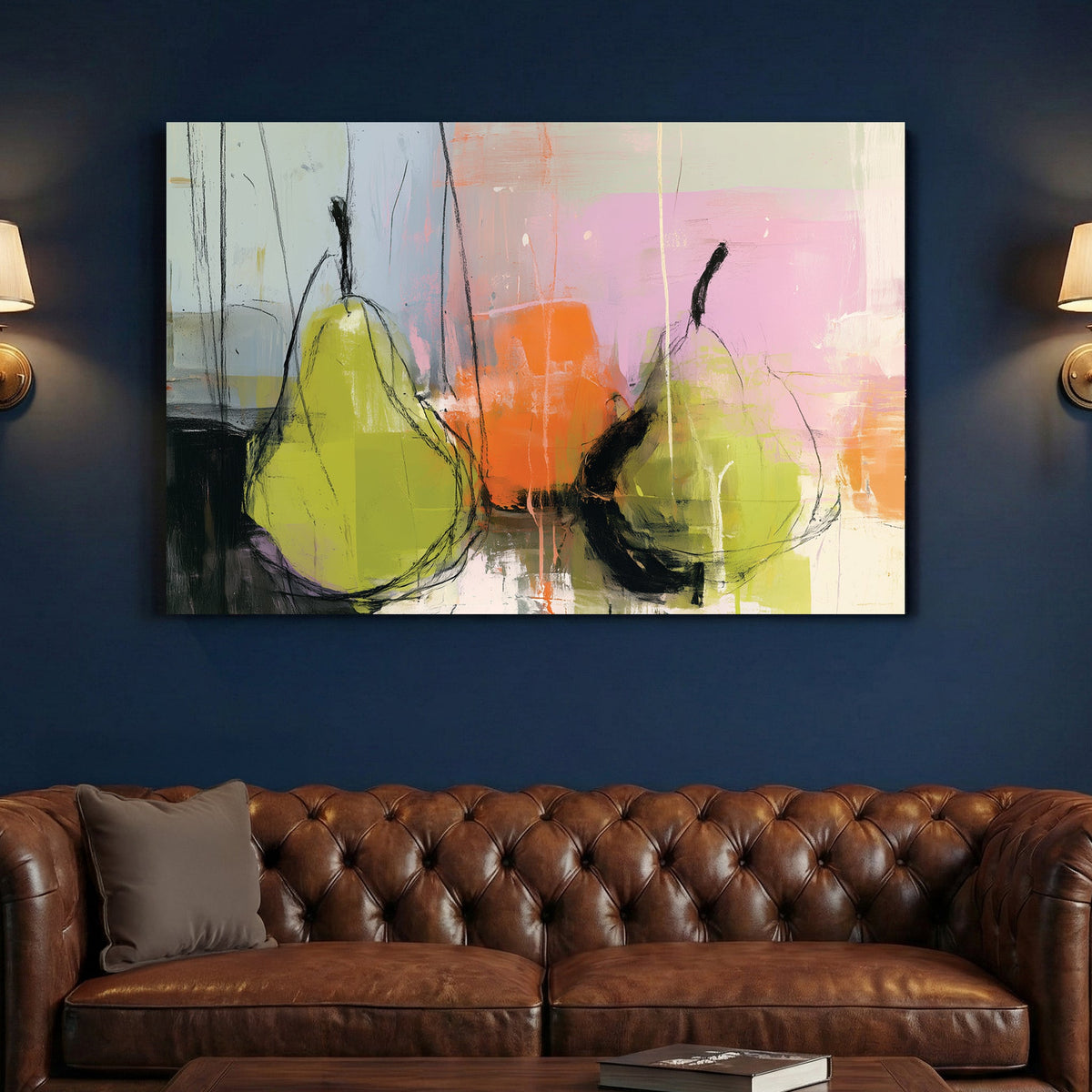 Abstract pears watercolour wall art with playful colours and line work