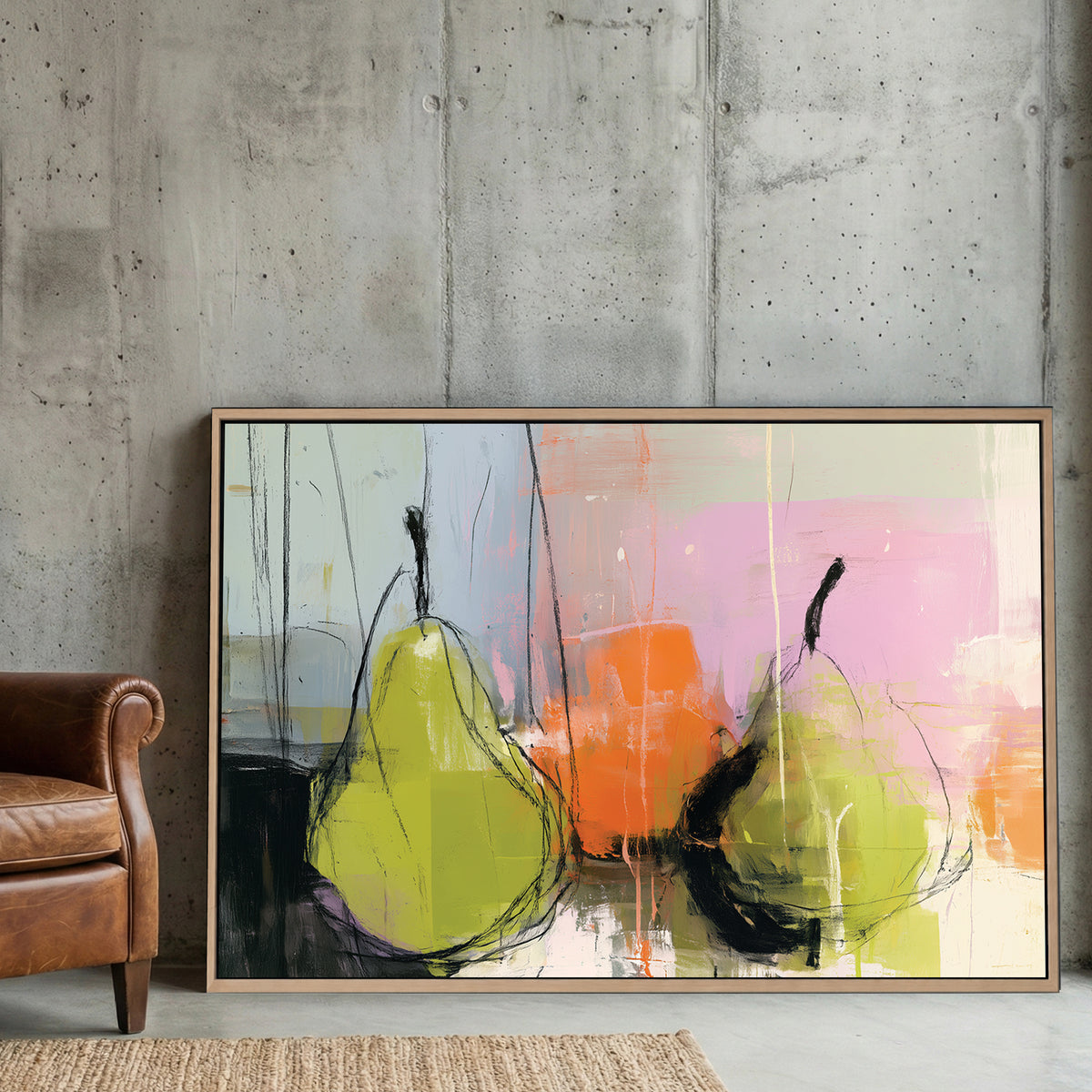 Abstract pears watercolour wall art with playful colours and line work