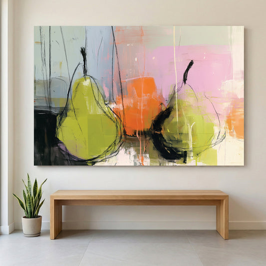 Abstract pears watercolour wall art with playful colours and line work